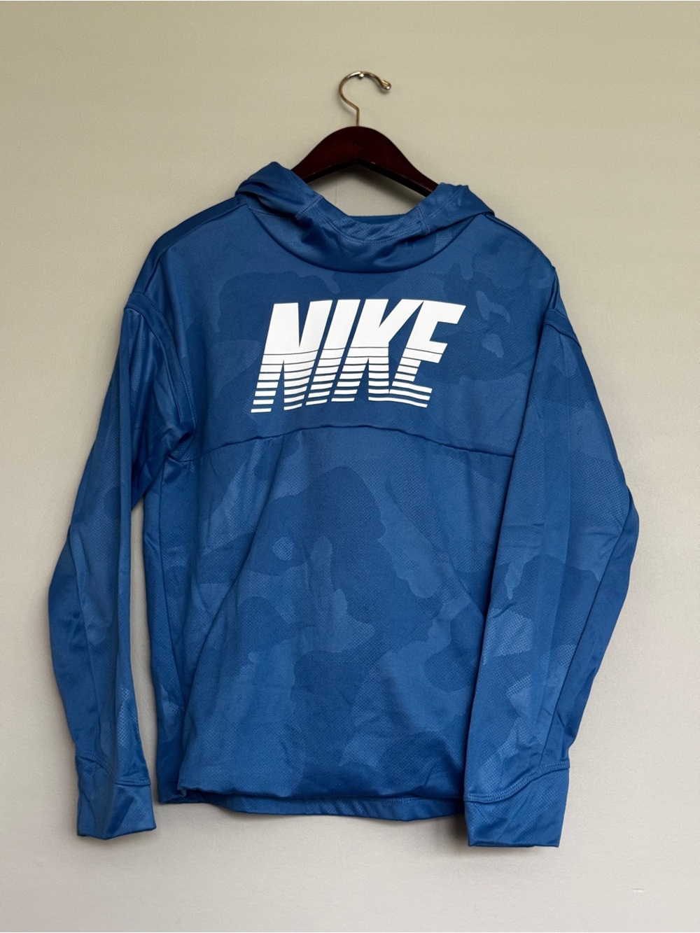 Nike Dri-FIT Blue Camo Pullover Hoodie Logo Sweatshirt Youth XL